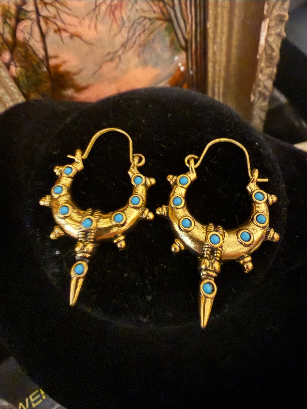 Gold-Tone Turquoise Accent Crescent Hoop Earrings - Women Jewelry